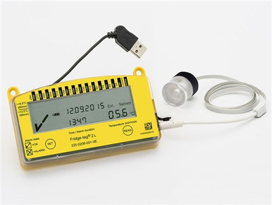 What is the alarm indication method for the thermometer data logger?